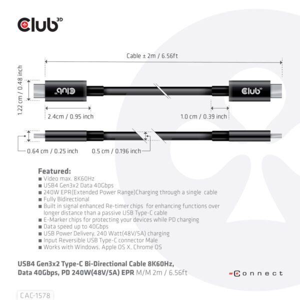 CLUB3D USB4 Gen3x2 Type-C Bi-Directional Cable 8K60Hz, Data 40Gbps, PD 240W(48V/5A) EPR M/M 2m / 6.56ft - Afbeelding 3