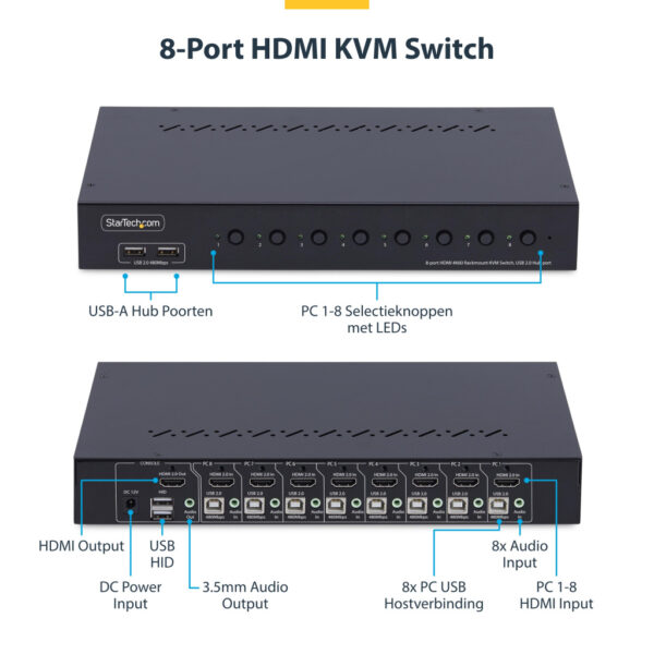 StarTech.com 8-Port HDMI KVM Switch met 1U Rackmontage Kit, 4K 60Hz HDMI 2.0, Drukknop & Hotkey Schakelaar, 4-Port USB Hub, OS O - Afbeelding 6