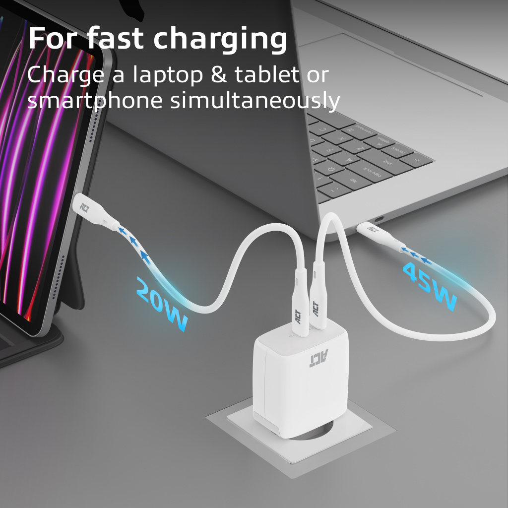 ACT USB-C Lader 65W 2-poorts met Power Delivery PPS en GaNFast - Afbeelding 2