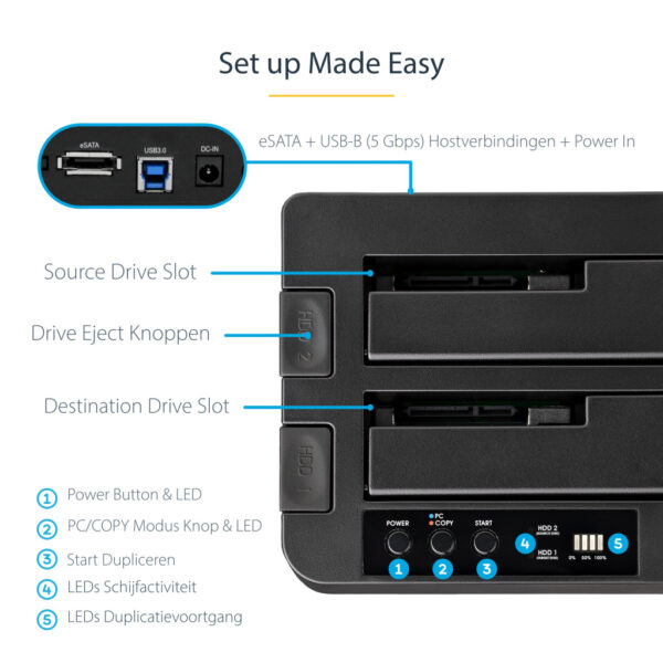 StarTech.com Dual Bay Hard Drive Cloner, Standalone USB 3.2 Gen 1 (5 Gbps) / eSATA naar 2.5/3.5" SATA III HDD/SSD Kloner/Copier, - Afbeelding 7