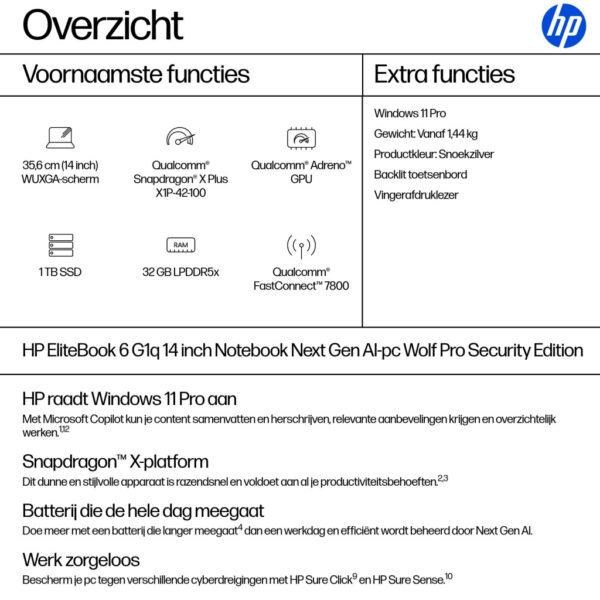 HP EliteBook 6 EB6G1q14AI X1P4210 14 32GB/1T PC NL Copilot+ PC Qualcomm Snapdragon X1P-42-100 Laptop 35,6 cm (14") WUXGA LPDDR5x - Afbeelding 13