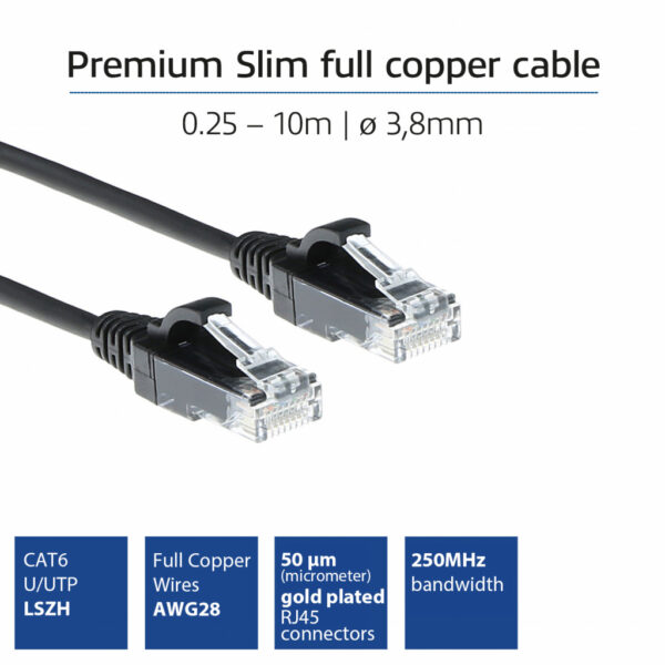 ACT Zwarte 3 meter LSZH U/UTP CAT6 datacenter slimline patchkabel snagless met RJ45 connectoren - Afbeelding 2