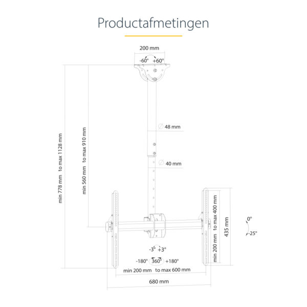 StarTech.com TV Plafondbeugel, Full-Motion Universele Ophangbeugel, VESA Beugel voor Single 32”-75" TVs / Displays, Kantelen/Zwe - Afbeelding 16