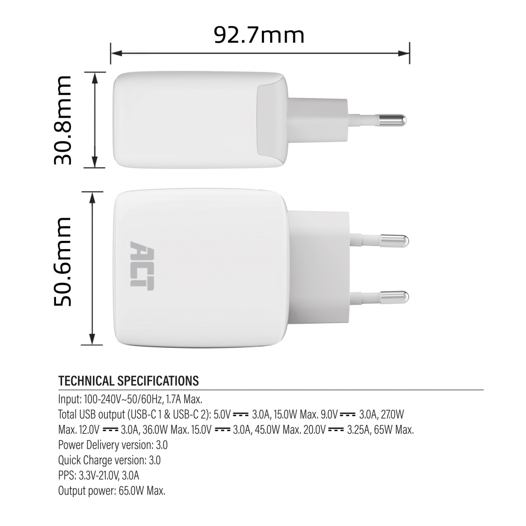 ACT USB-C Lader 65W 2-poorts met Power Delivery PPS en GaNFast - Afbeelding 9