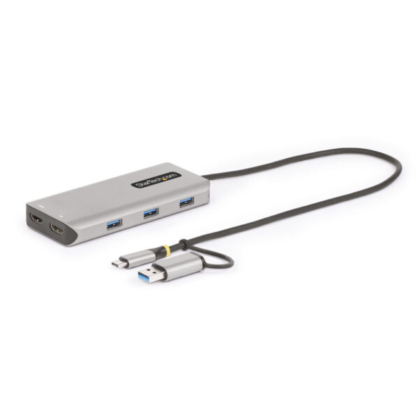 StarTech.com USB-C Multiport Adapter met Ingebouwde USB-C naar USB-A Dongle, Dual HDMI (4K30Hz/1080p60Hz), 3x USB-A 5Gbps, Mini