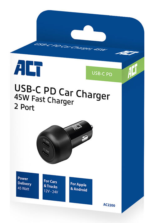 ACT 2-poorts USB-C Fast Charge Autolader 45W met Power Delivery - Afbeelding 3