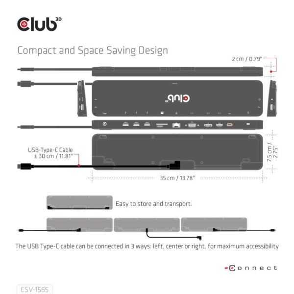 CLUB3D USB Gen1 Type-C Triple Display DP1.4 Alt mode Smart PD3.0 Charging Dock with 100 Watt Power Supply - Afbeelding 2