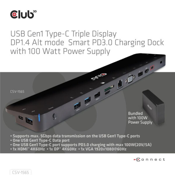 CLUB3D USB Gen1 Type-C Triple Display DP1.4 Alt mode Smart PD3.0 Charging Dock with 100 Watt Power Supply - Afbeelding 7
