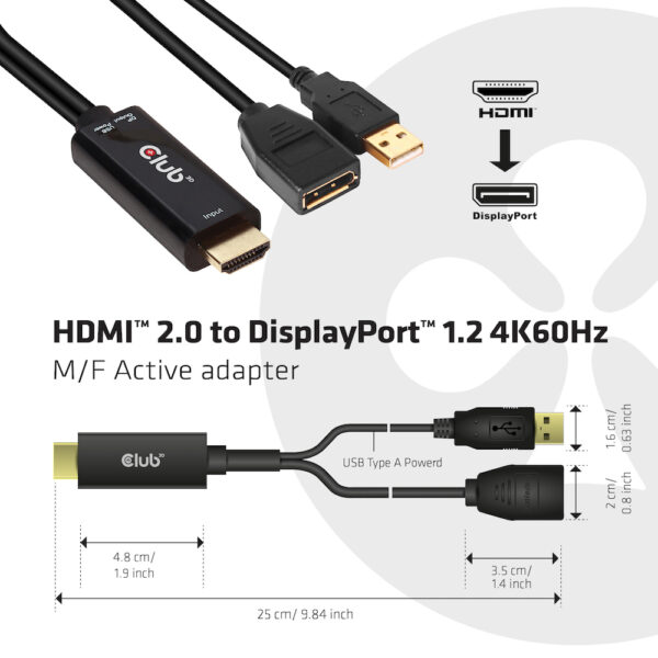 CLUB3D HDMI 2.0 TO DISPLAYPORT 1.2 4K60HZ HDR M/F ACTIVE ADAPTER Zwart - Afbeelding 6