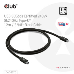 CLUB3D USB 80Gbps Certified 240W 8K240Hz Type-C® 1.2m / 3.94ft Black Cable