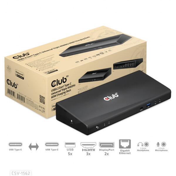 CLUB3D Type-C Universeel (2x 4K60Hz +1x 4K30Hz), oplaad Docking Station 60W DisplayLink® gecertificeerd en DP alt modus - kensin - Afbeelding 6