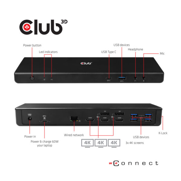 CLUB3D Type-C Universeel (2x 4K60Hz +1x 4K30Hz), oplaad Docking Station 60W DisplayLink® gecertificeerd en DP alt modus - kensin - Afbeelding 7