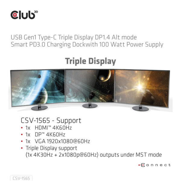 CLUB3D USB Gen1 Type-C Triple Display DP1.4 Alt mode Smart PD3.0 Charging Dock with 100 Watt Power Supply - Afbeelding 3