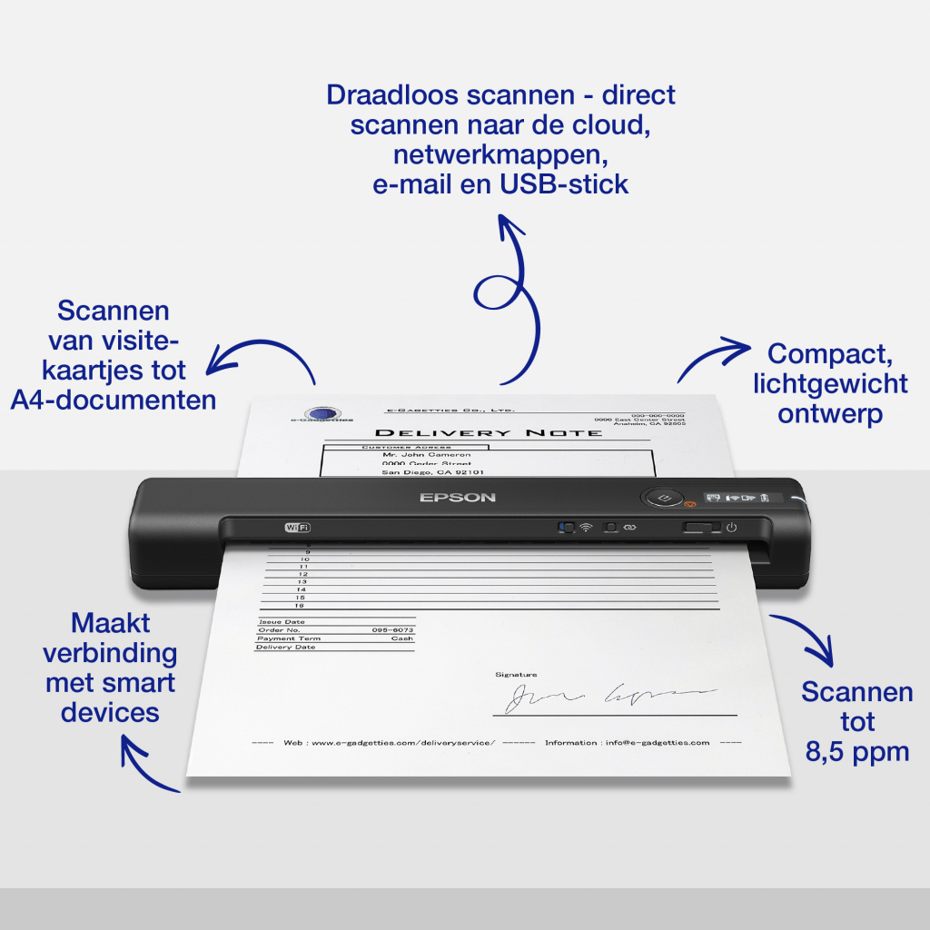 Epson WorkForce ES-60W, snelle draadloze mobiele A4-scanner met Wi-Fi-connectiviteit, ScanSmart-technologie en LCD-scherm - Afbeelding 7