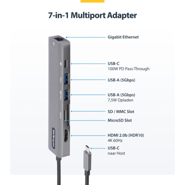 StarTech.com USB C Multiport Adapter - USB-C naar 4K 60Hz HDMI 2.0, 100W Power Delivery Pass-through, SD/MicroSD, 2-Port USB 3.0 - Afbeelding 7