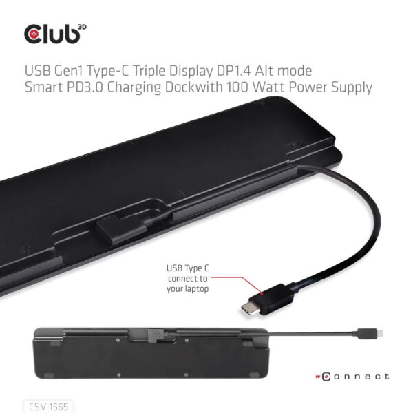 CLUB3D USB Gen1 Type-C Triple Display DP1.4 Alt mode Smart PD3.0 Charging Dock with 100 Watt Power Supply - Afbeelding 4