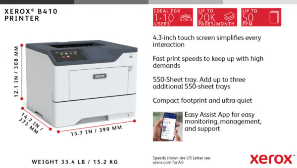Xerox B410 A4 47 ppm draadloze dubbelzijdige printer PS3 PCL5e/6 2 laden totaal 650 vel - Afbeelding 11