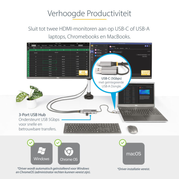 StarTech.com USB-C Multiport Adapter met Ingebouwde USB-C naar USB-A Dongle, Dual HDMI (4K30Hz/1080p60Hz), 3x USB-A 5Gbps, Mini - Afbeelding 4