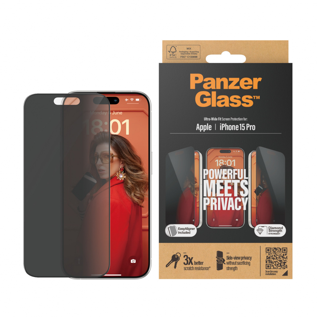 PanzerGlass ® Privacy Screen Protector iPhone 15 Pro | Ultra-Wide Fit w. EasyAligner Doorzichtige schermbeschermer Apple 1 stuk( - Afbeelding 2