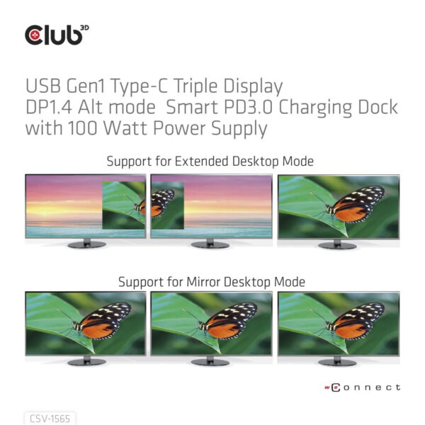 CLUB3D USB Gen1 Type-C Triple Display DP1.4 Alt mode Smart PD3.0 Charging Dock with 100 Watt Power Supply - Afbeelding 6