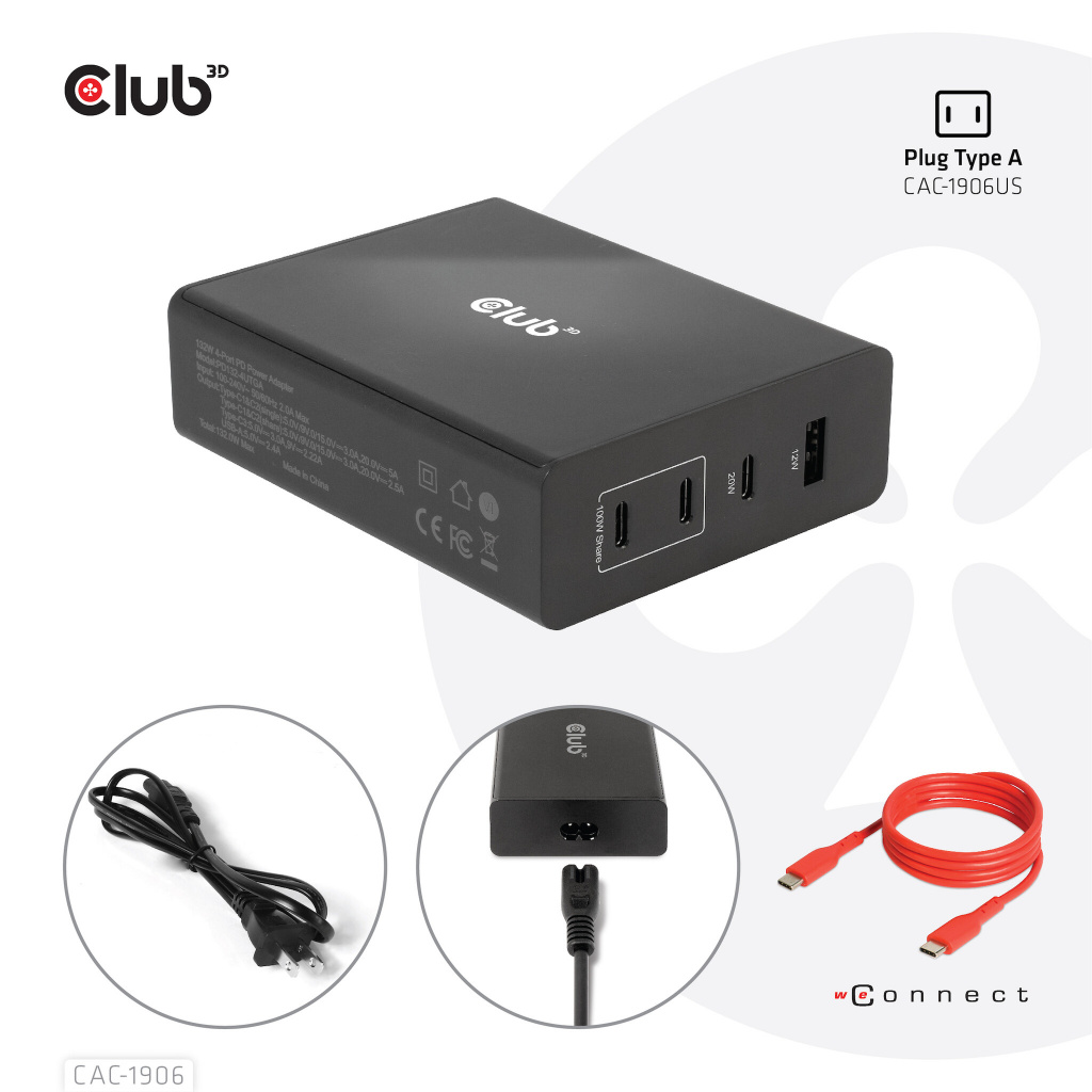 CLUB3D Travel Charger 132W GAN technology, Four port USB Type-A and -C, Power Delivery(PD) 3.0 Support - Afbeelding 8