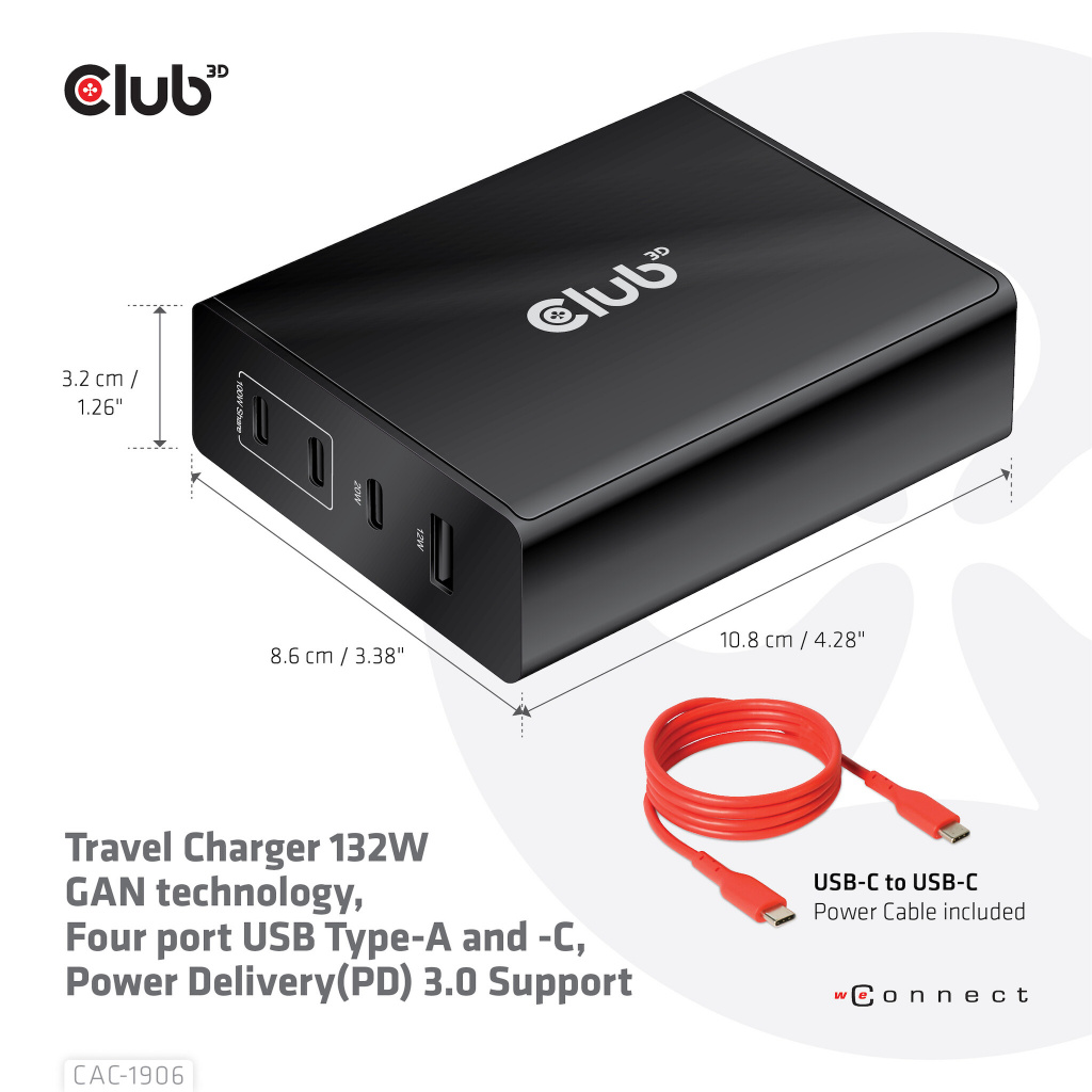 CLUB3D Travel Charger 132W GAN technology, Four port USB Type-A and -C, Power Delivery(PD) 3.0 Support - Afbeelding 6