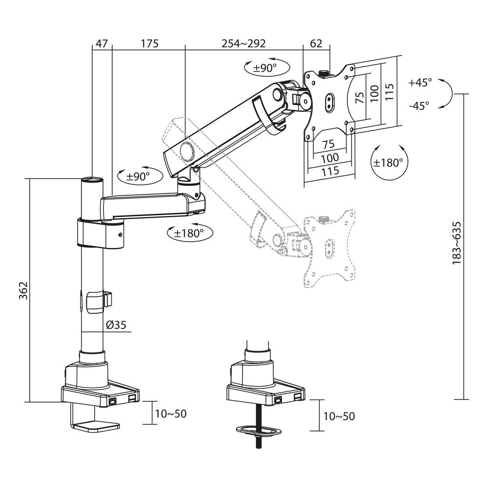 ACT Monitorarm 40" office solid pro, mechanische veer, 1 scherm - Afbeelding 7