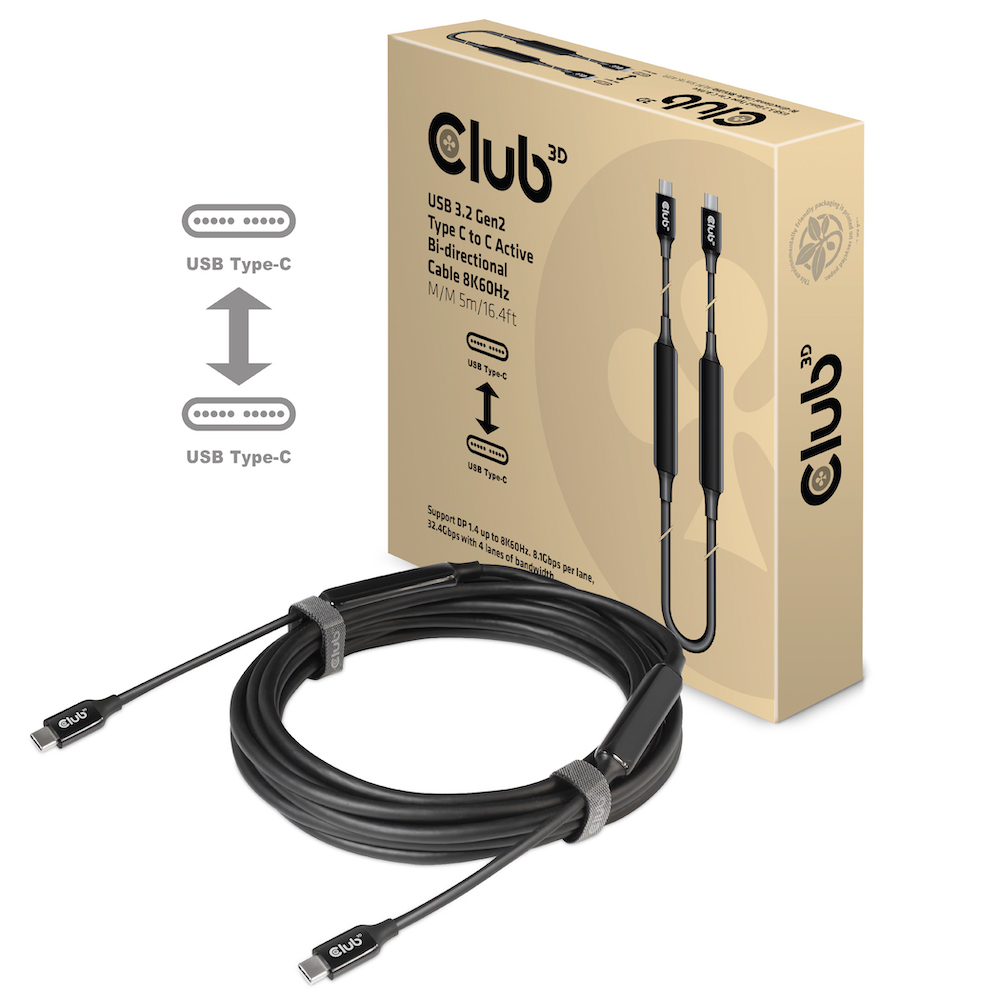 CLUB3D USB 3.2 Gen2 Type C naar C Actieve Bi-directionele Kabel 8K60Hz (alt modus) M/M 5m/16.4ft - Afbeelding 3