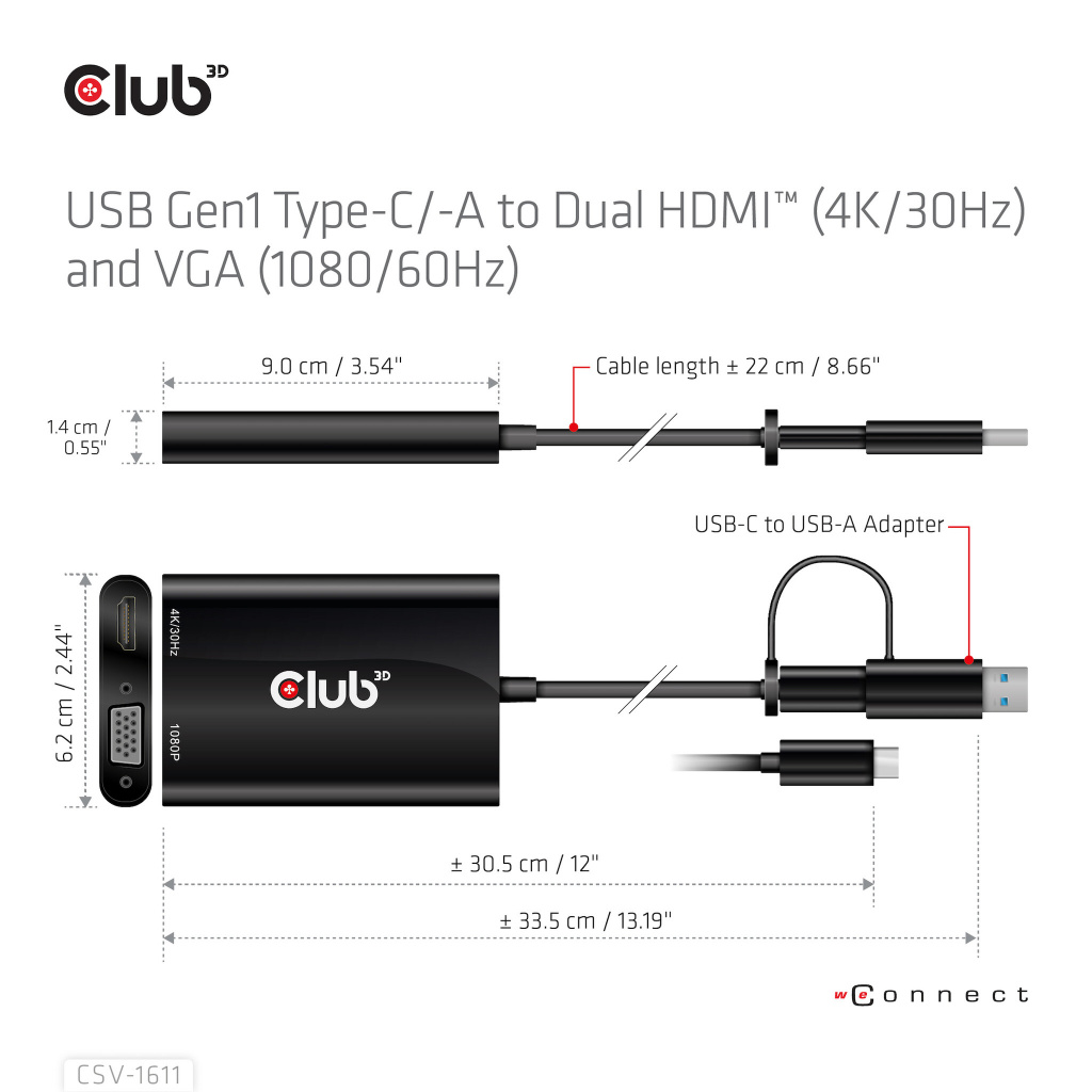 CLUB3D USB Gen1 Type-C/-A to Dual HDMI (4K/30Hz) / VGA (1080/60Hz) - Afbeelding 12