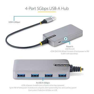 StarTech.com 4-Port USB Hub, USB 3.0 5Gbps, Bus Powered USB-A naar 4x USB-A Hub met Optionele Extra Power Input, Compacte Deskto - Afbeelding 7