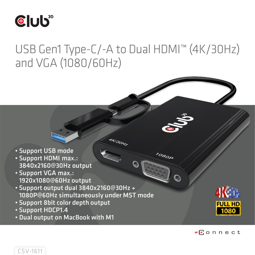 CLUB3D USB Gen1 Type-C/-A to Dual HDMI (4K/30Hz) / VGA (1080/60Hz) - Afbeelding 7
