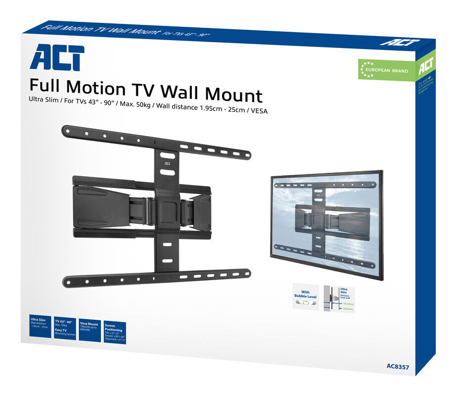 ACT Full motion tv wandsteun, 43" tot 90", ultradun, VESA - Afbeelding 5