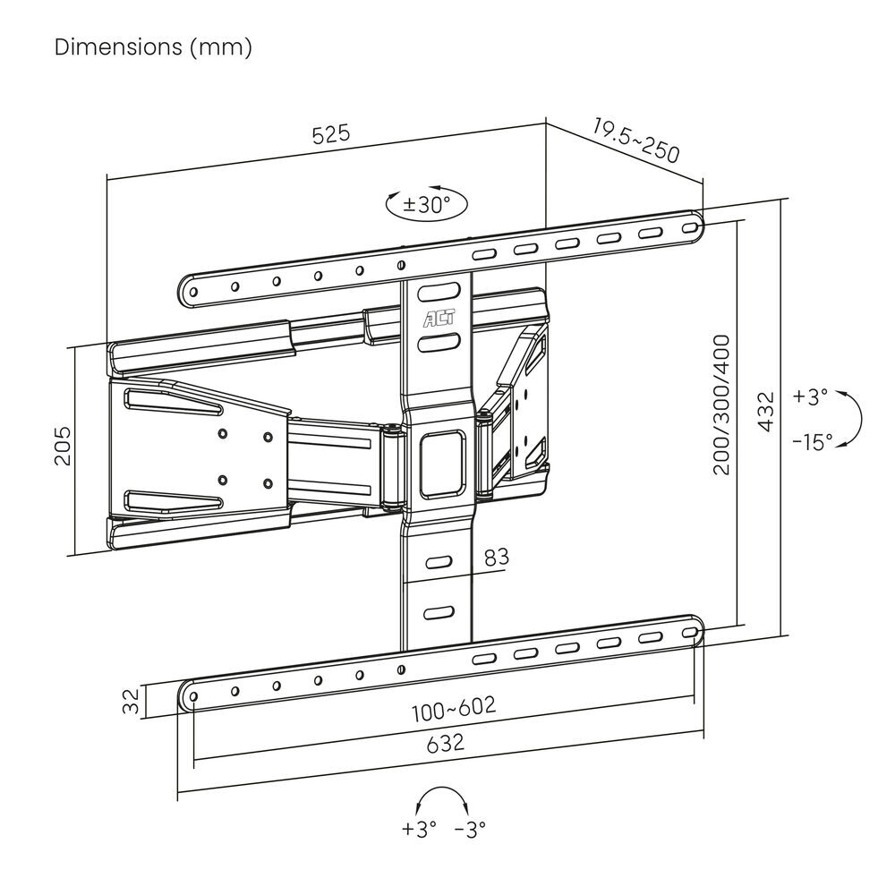 ACT Full motion tv wandsteun, 43" tot 90", ultradun, VESA - Afbeelding 4