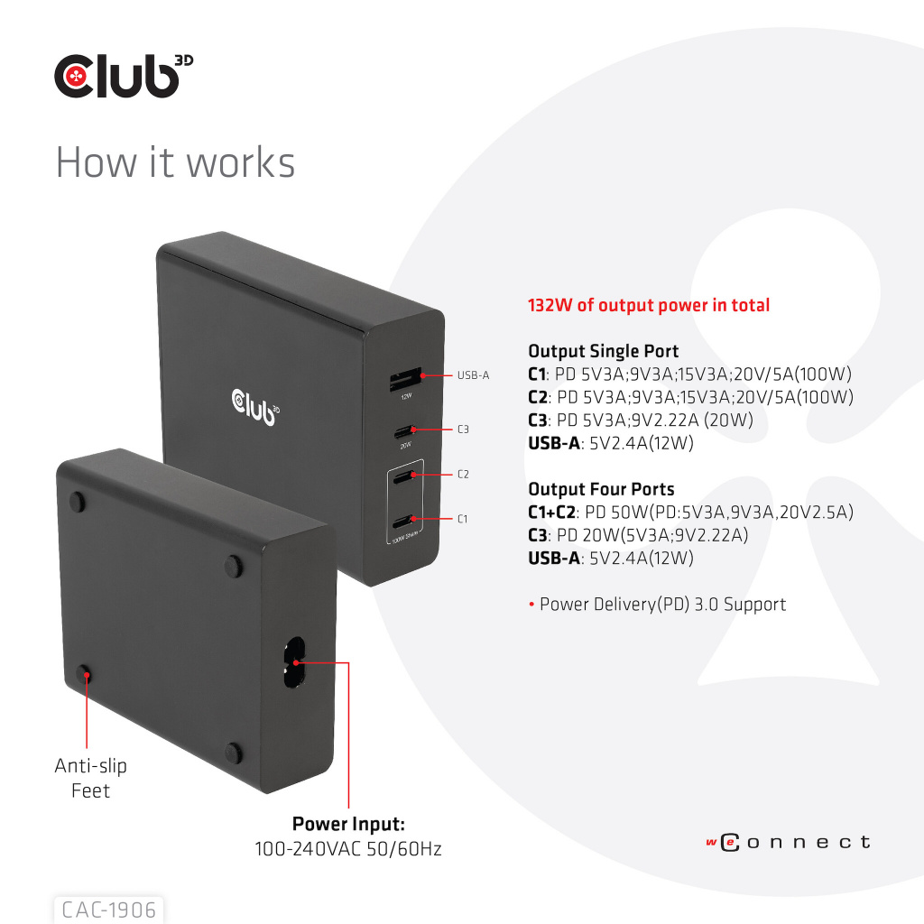 CLUB3D Travel Charger 132W GAN technology, Four port USB Type-A and -C, Power Delivery(PD) 3.0 Support - Afbeelding 10