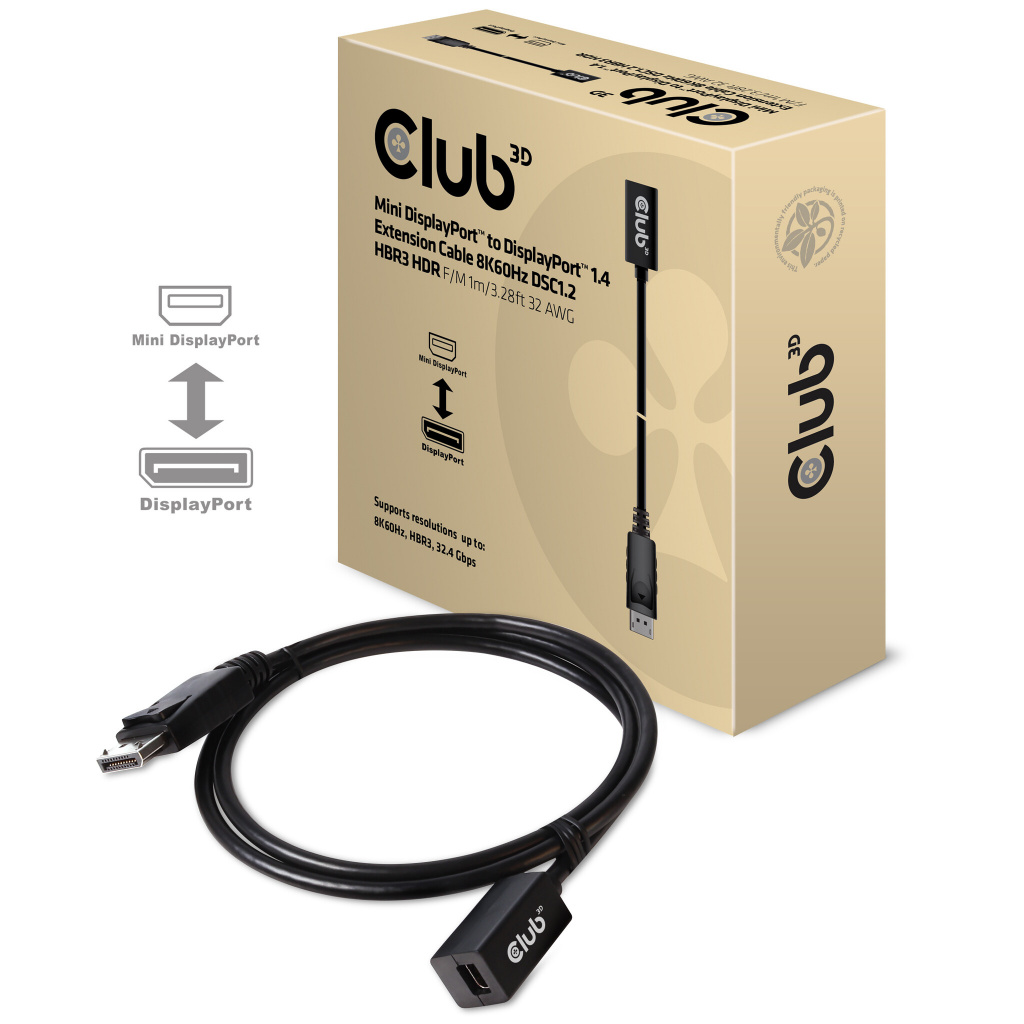 CLUB3D Mini DisplayPort 1.4 to DisplayPort Extension Cable 8K60Hz DSC 1.2 HBR3 HDR Bidirectional F/M 1m - Afbeelding 2