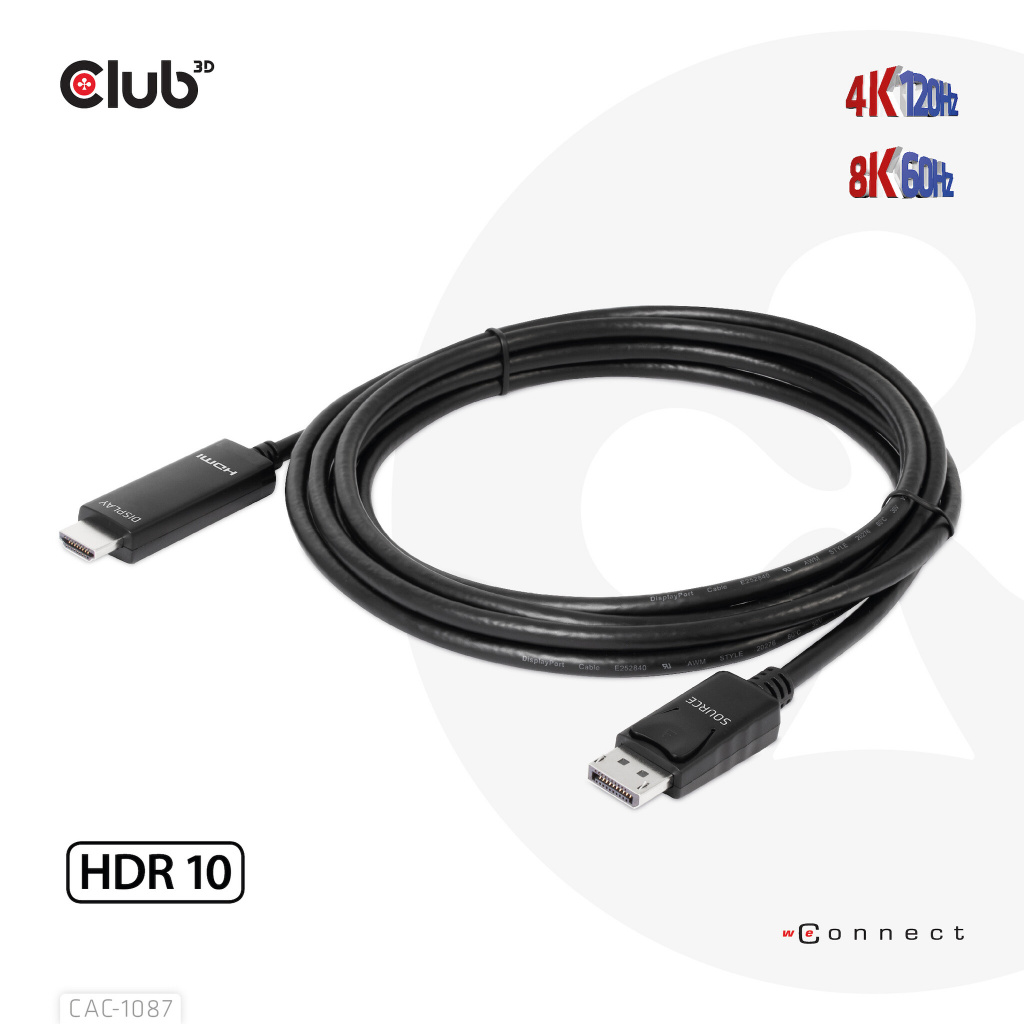 CLUB3D DisplayPort 1.4 to HDMI 4K120Hz or 8K60Hz HDR10 Cable M/M 3m/9.84ft - Afbeelding 6