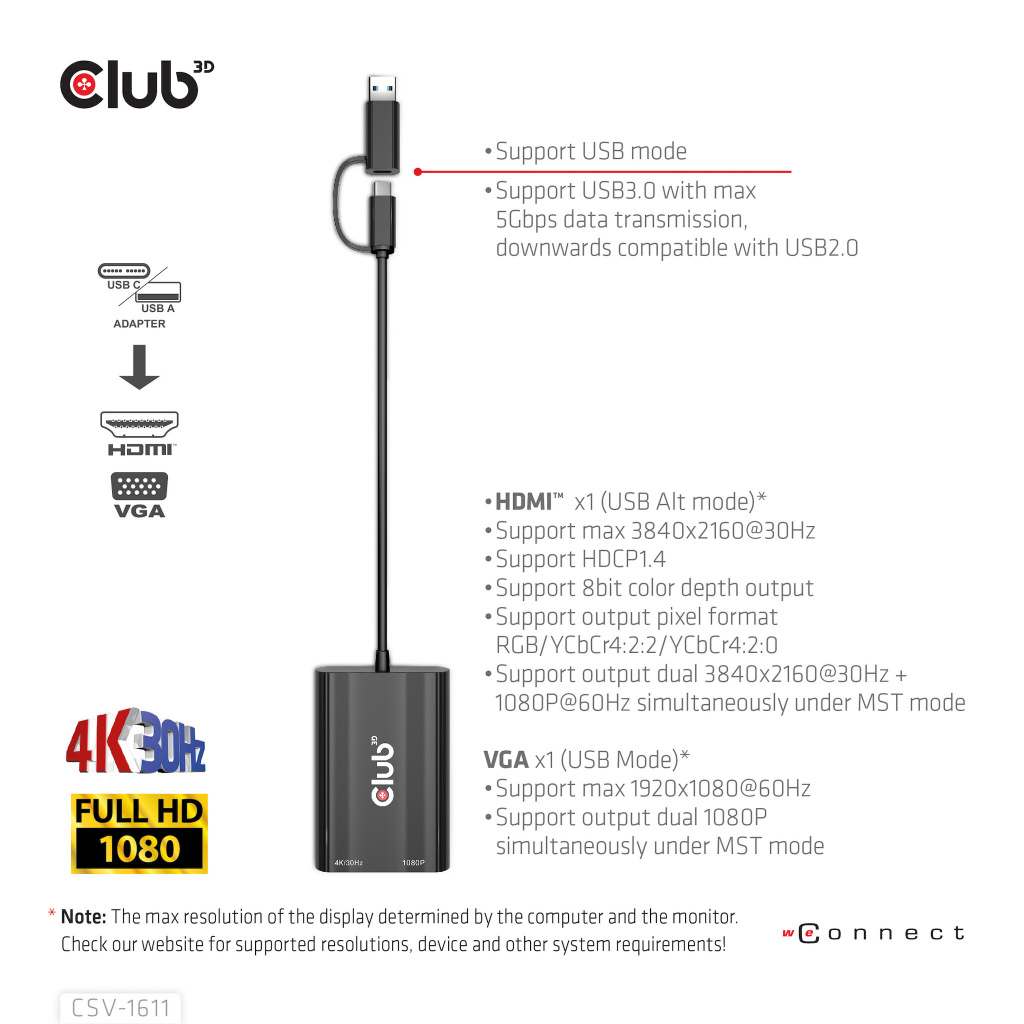 CLUB3D USB Gen1 Type-C/-A to Dual HDMI (4K/30Hz) / VGA (1080/60Hz) - Afbeelding 13