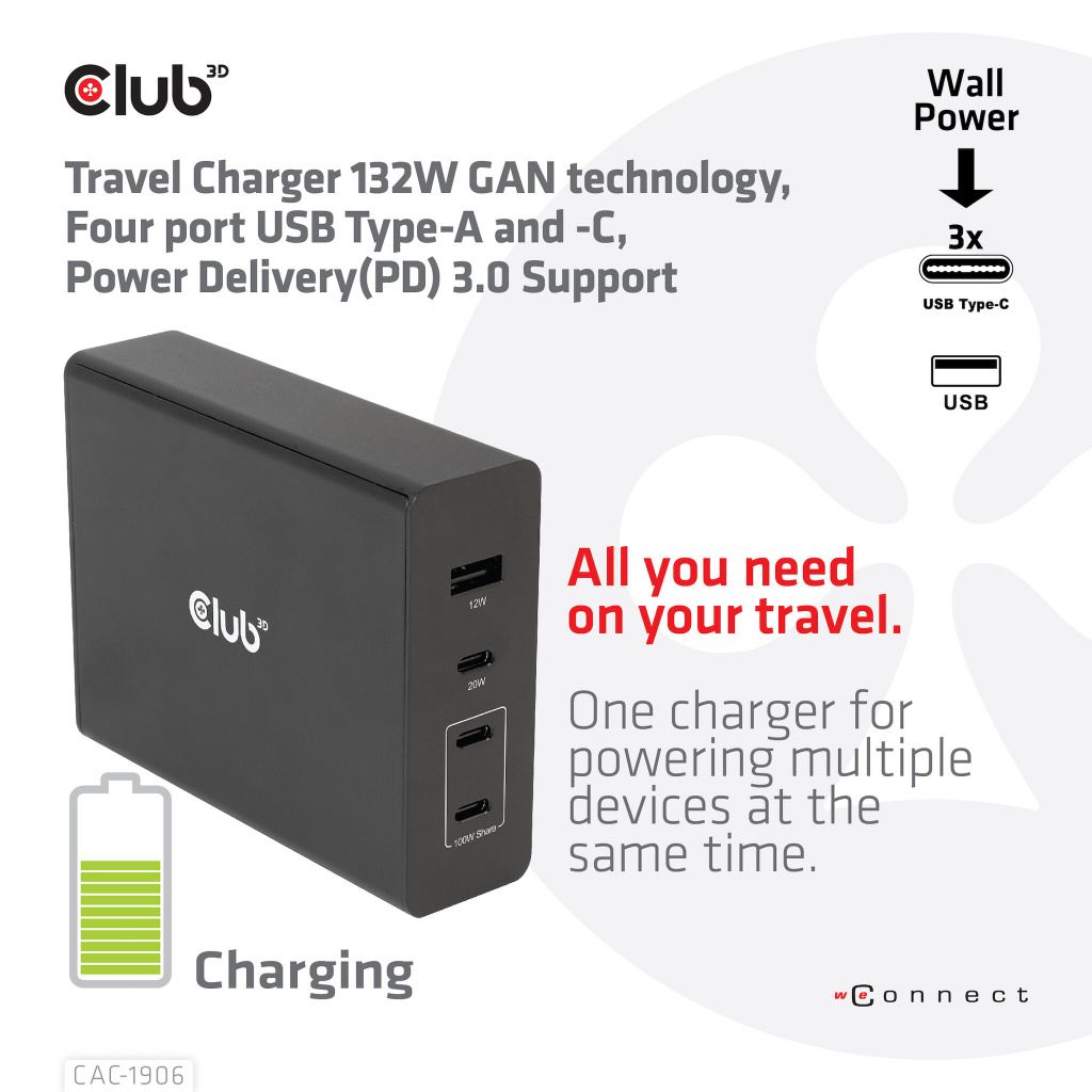 CLUB3D Travel Charger 132W GAN technology, Four port USB Type-A and -C, Power Delivery(PD) 3.0 Support - Afbeelding 5