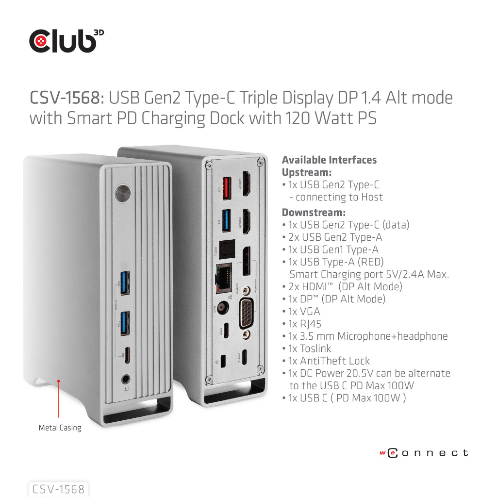 CLUB3D USB type C Universeel docking station 2x USB Gen2 Type-A 1x USB Gen1 Type-A 1x USB Type-A (ROOD) Smart Charging-poort 5V/ - Afbeelding 11