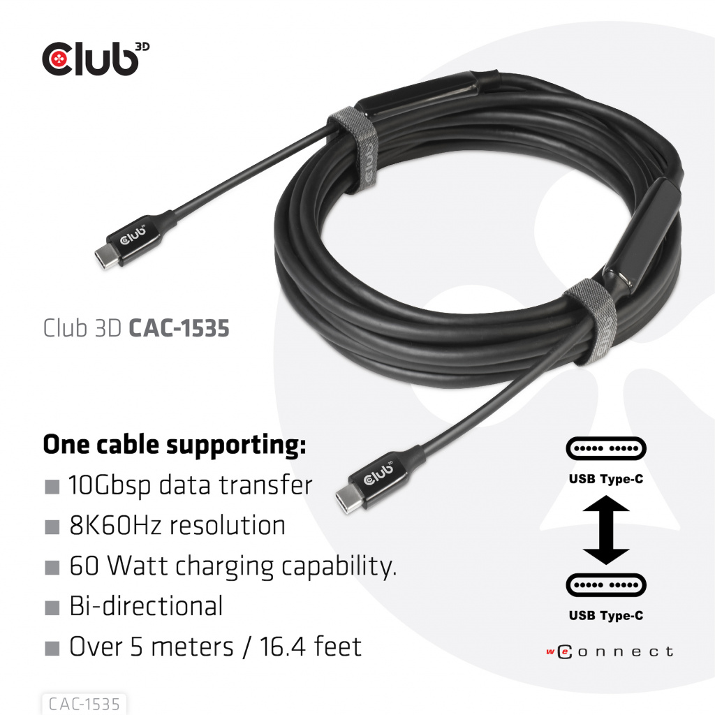 CLUB3D USB 3.2 Gen2 Type C naar C Actieve Bi-directionele Kabel 8K60Hz (alt modus) M/M 5m/16.4ft - Afbeelding 5