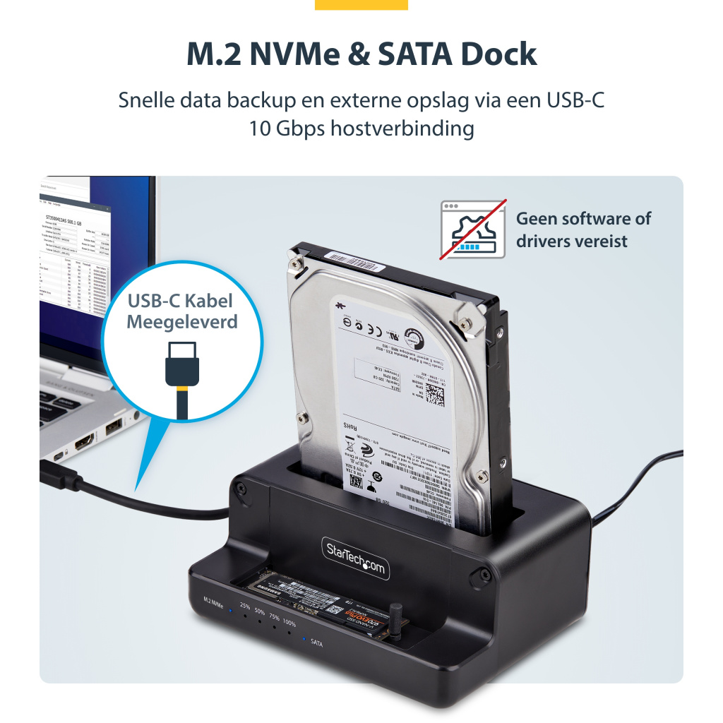 StarTech.com M.2 NVMe naar 2.5"/3.5" SATA Drive Duplicator, Dual Bay Standalone SSD Cloner/Copier en Drive Dock, Bidirectionele - Afbeelding 14