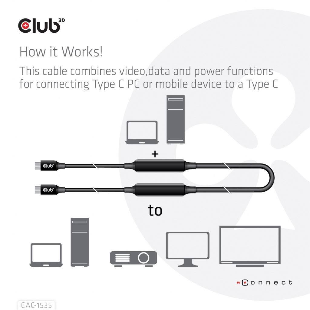 CLUB3D USB 3.2 Gen2 Type C naar C Actieve Bi-directionele Kabel 8K60Hz (alt modus) M/M 5m/16.4ft - Afbeelding 6
