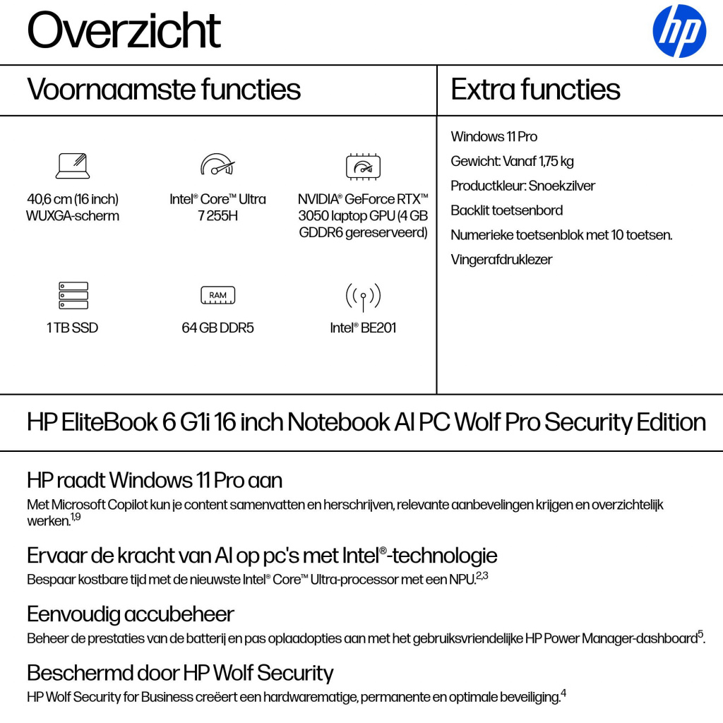 HP EliteBook 6 EB6G1i16 U7 255H 16 64GB/1T PC NL Intel Core Ultra 7 Laptop 40,6 cm (16") WUXGA DDR5-SDRAM 1 TB SSD Wi-Fi 7 (802. - Afbeelding 11