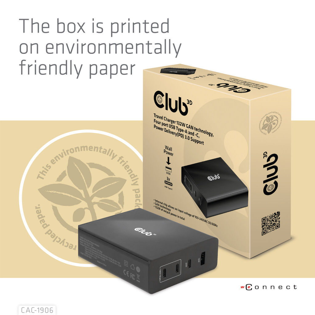 CLUB3D Travel Charger 132W GAN technology, Four port USB Type-A and -C, Power Delivery(PD) 3.0 Support - Afbeelding 14
