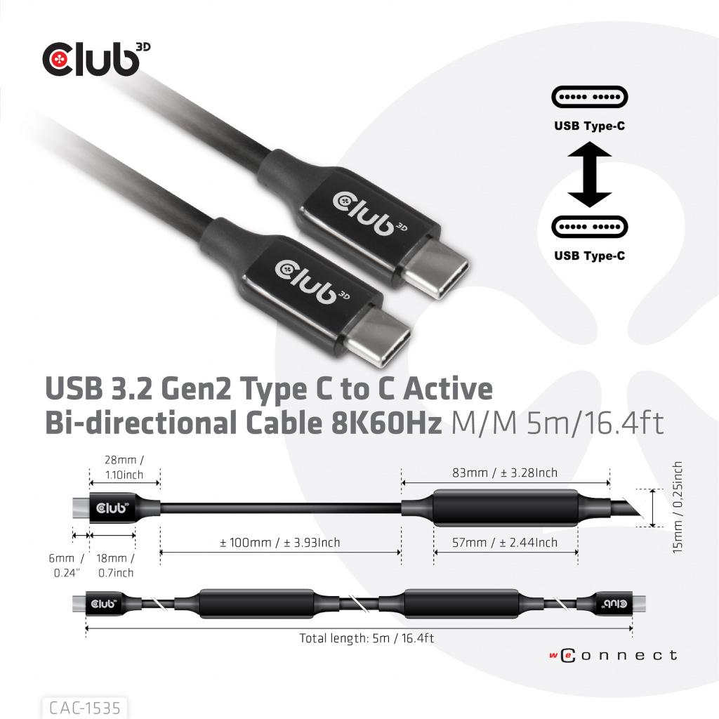 CLUB3D USB 3.2 Gen2 Type C naar C Actieve Bi-directionele Kabel 8K60Hz (alt modus) M/M 5m/16.4ft - Afbeelding 4