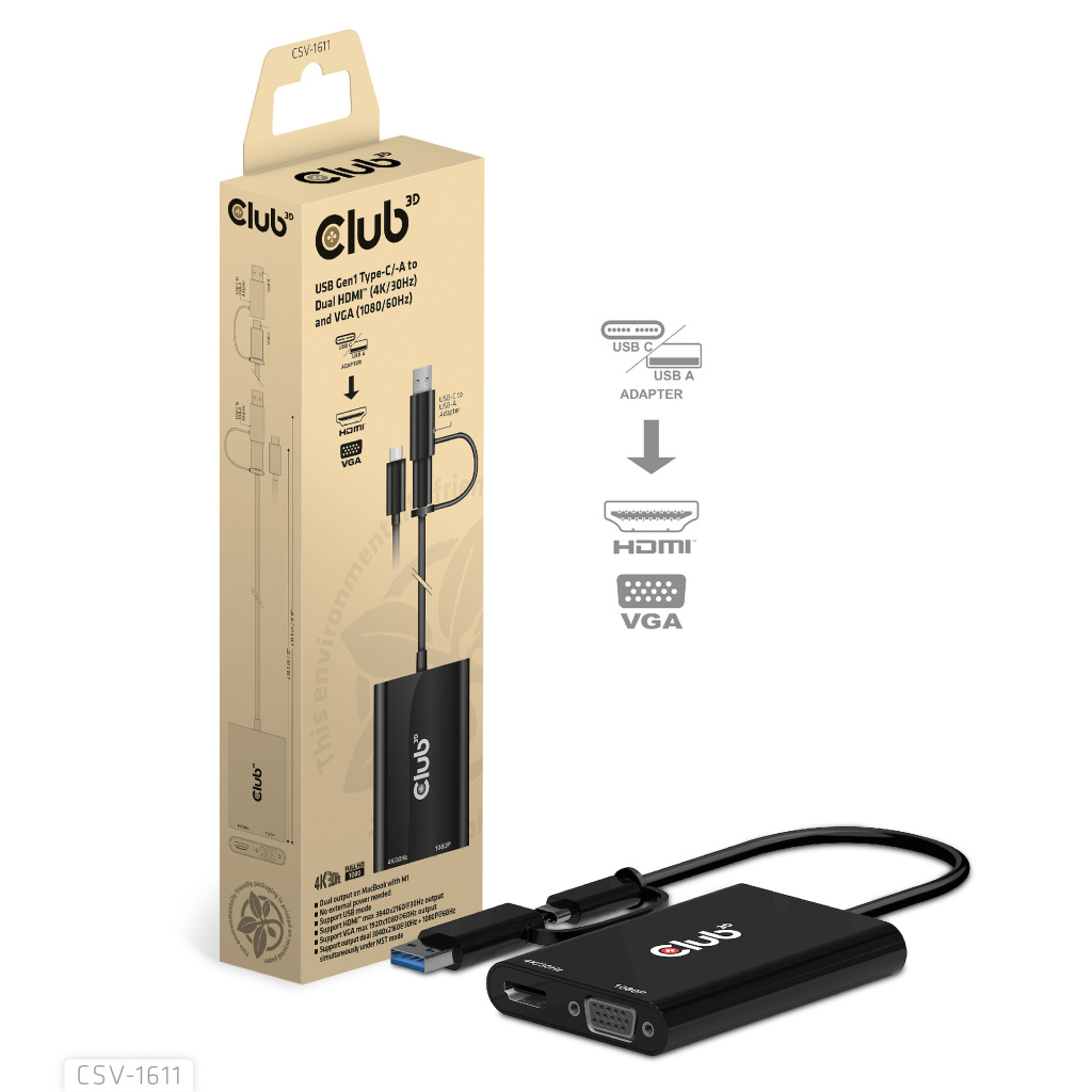 CLUB3D USB Gen1 Type-C/-A to Dual HDMI (4K/30Hz) / VGA (1080/60Hz) - Afbeelding 6