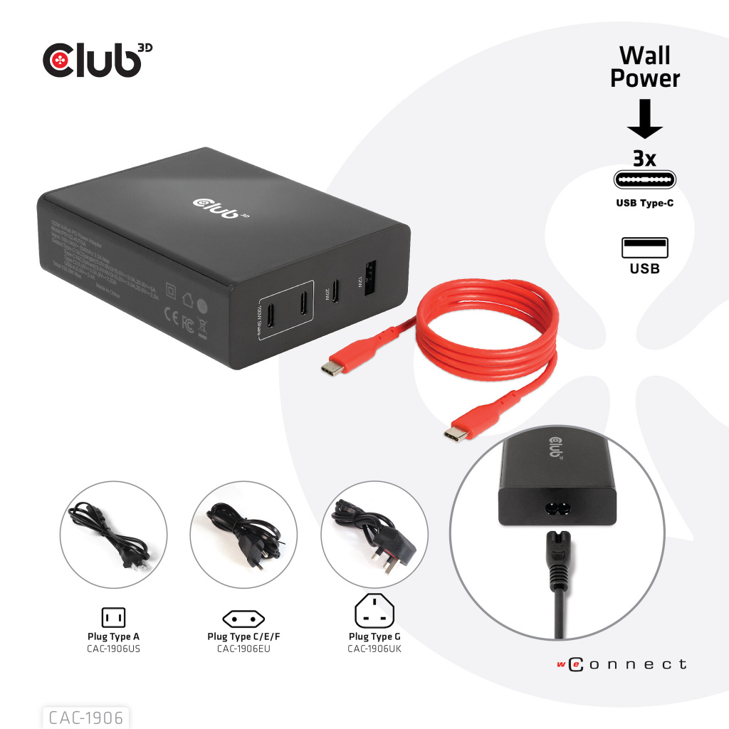 CLUB3D Travel Charger 132W GAN technology, Four port USB Type-A and -C, Power Delivery(PD) 3.0 Support - Afbeelding 9