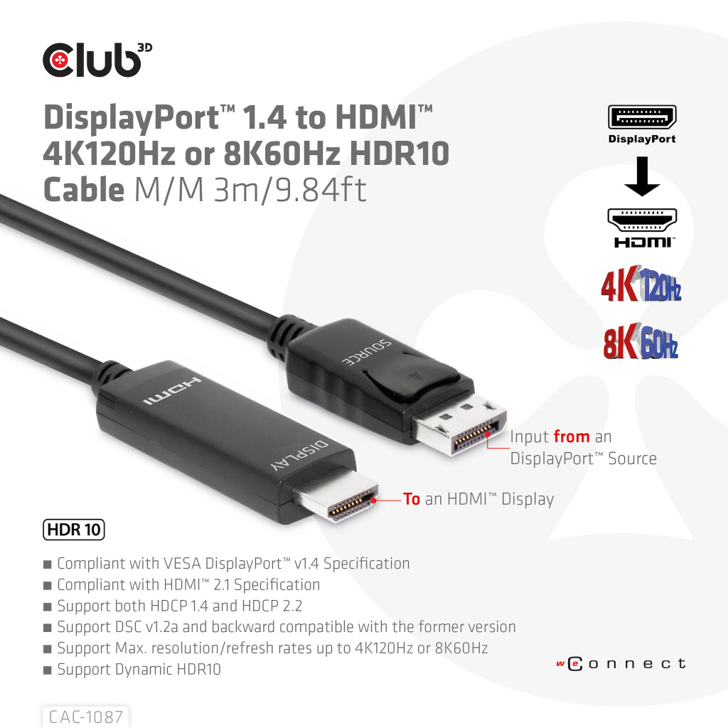 CLUB3D DisplayPort 1.4 to HDMI 4K120Hz or 8K60Hz HDR10 Cable M/M 3m/9.84ft - Afbeelding 3
