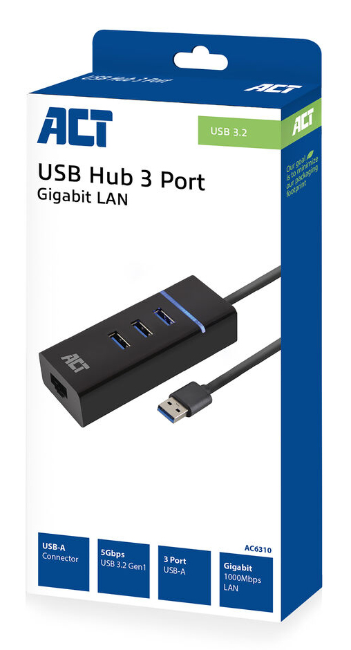 ACT USB hub 3.0, 3 poorts USB-A, Gigabit ethernet - Afbeelding 2