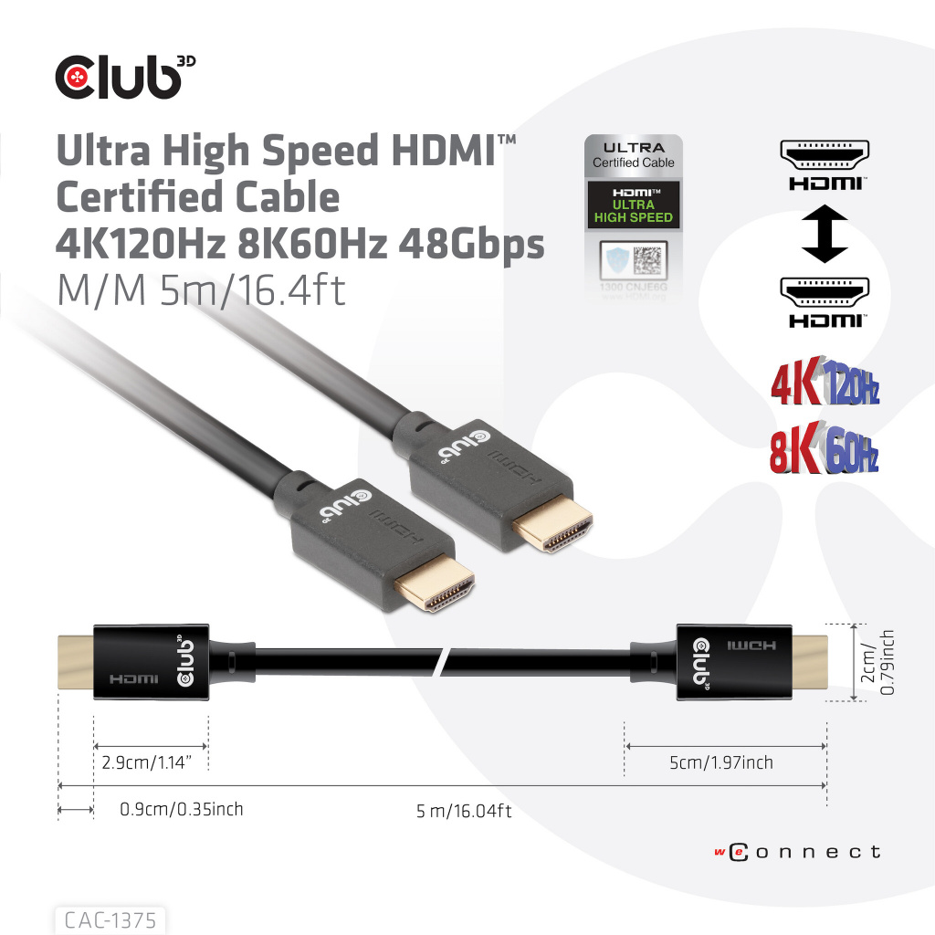 CLUB3D Ultra High Speed HDMI™2.1 gecertificeerde kabel 4K120Hz, 144Hz 48Gbps M/V 5 Meter - Afbeelding 6
